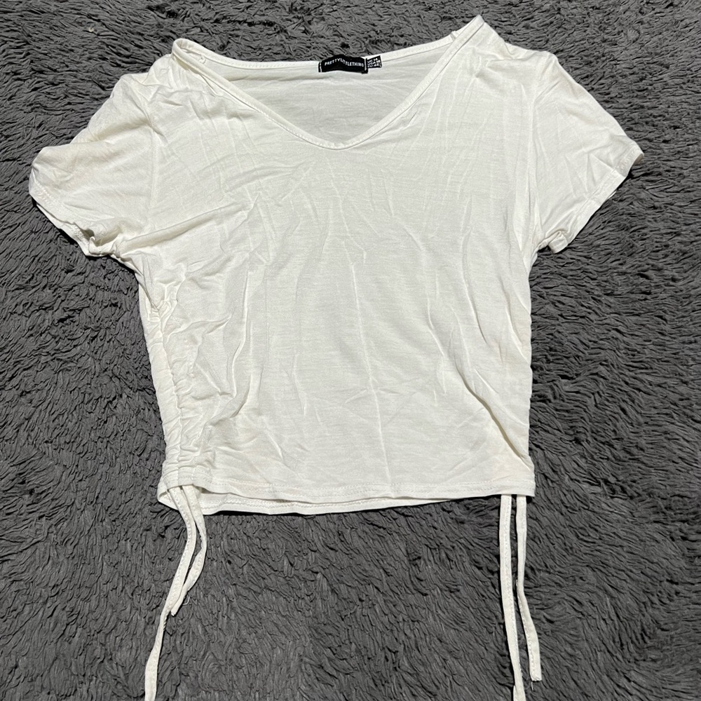 PLT Tie Side V Neck Crop Top White